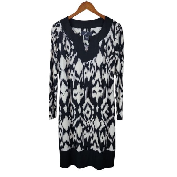 Lennie Nina Leonard Shirt Dress Medium Cocktail Party  Ikat Black Knee Length - Picture 2 of 5
